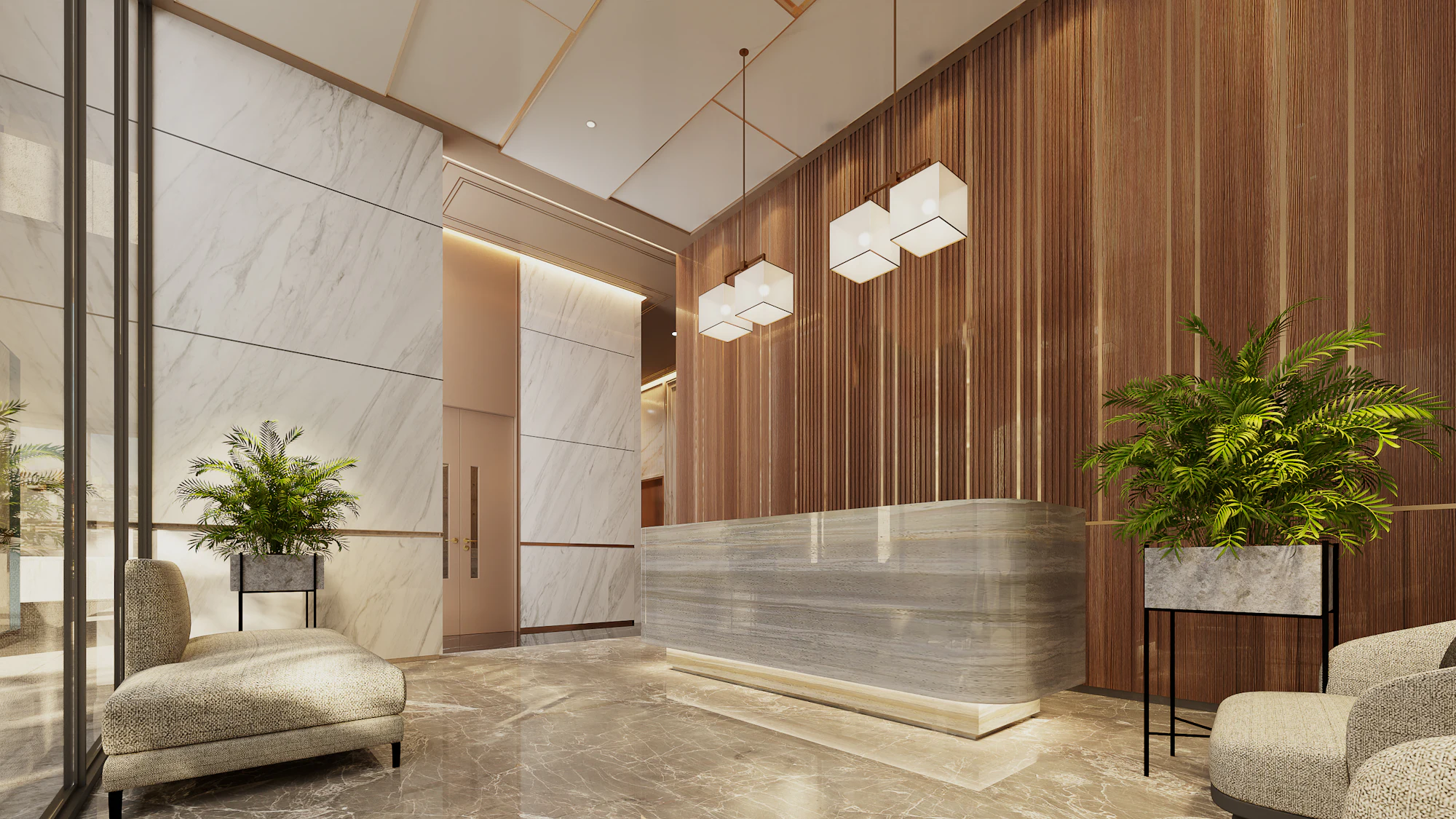 Sunlit contemporary office reception with marble flooring, warm wood paneling, and soft pendant lighting